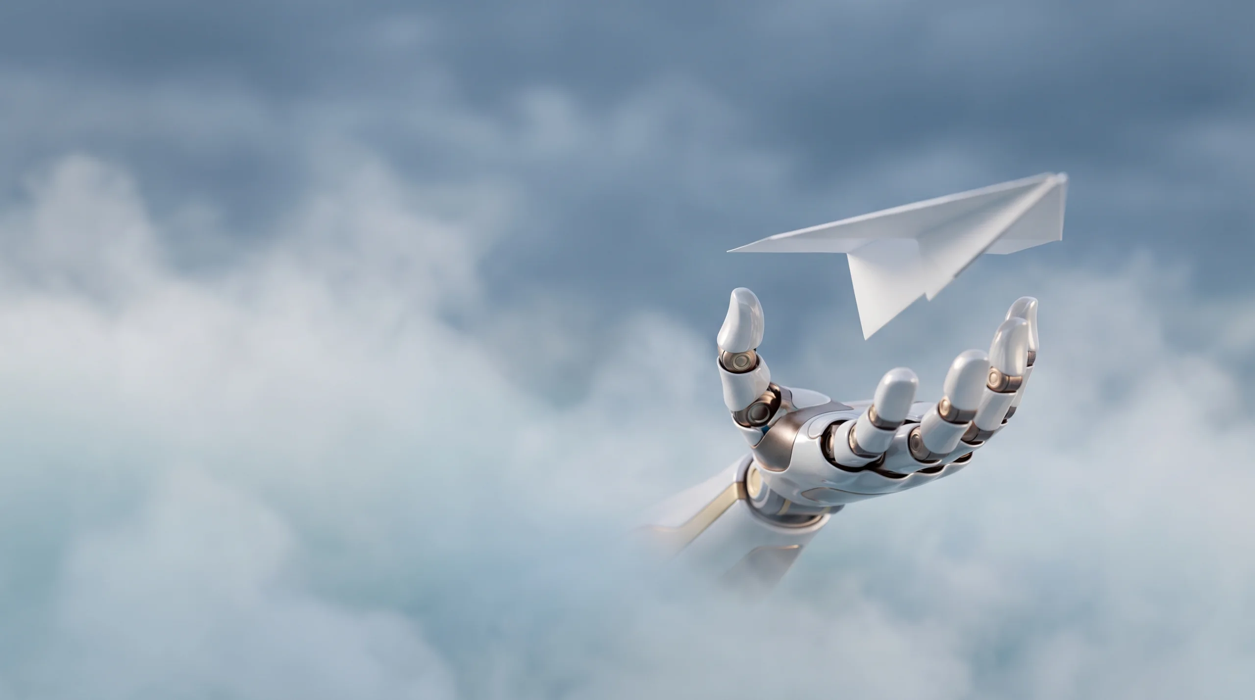 A robotic hand releasing a paper plane into the fog